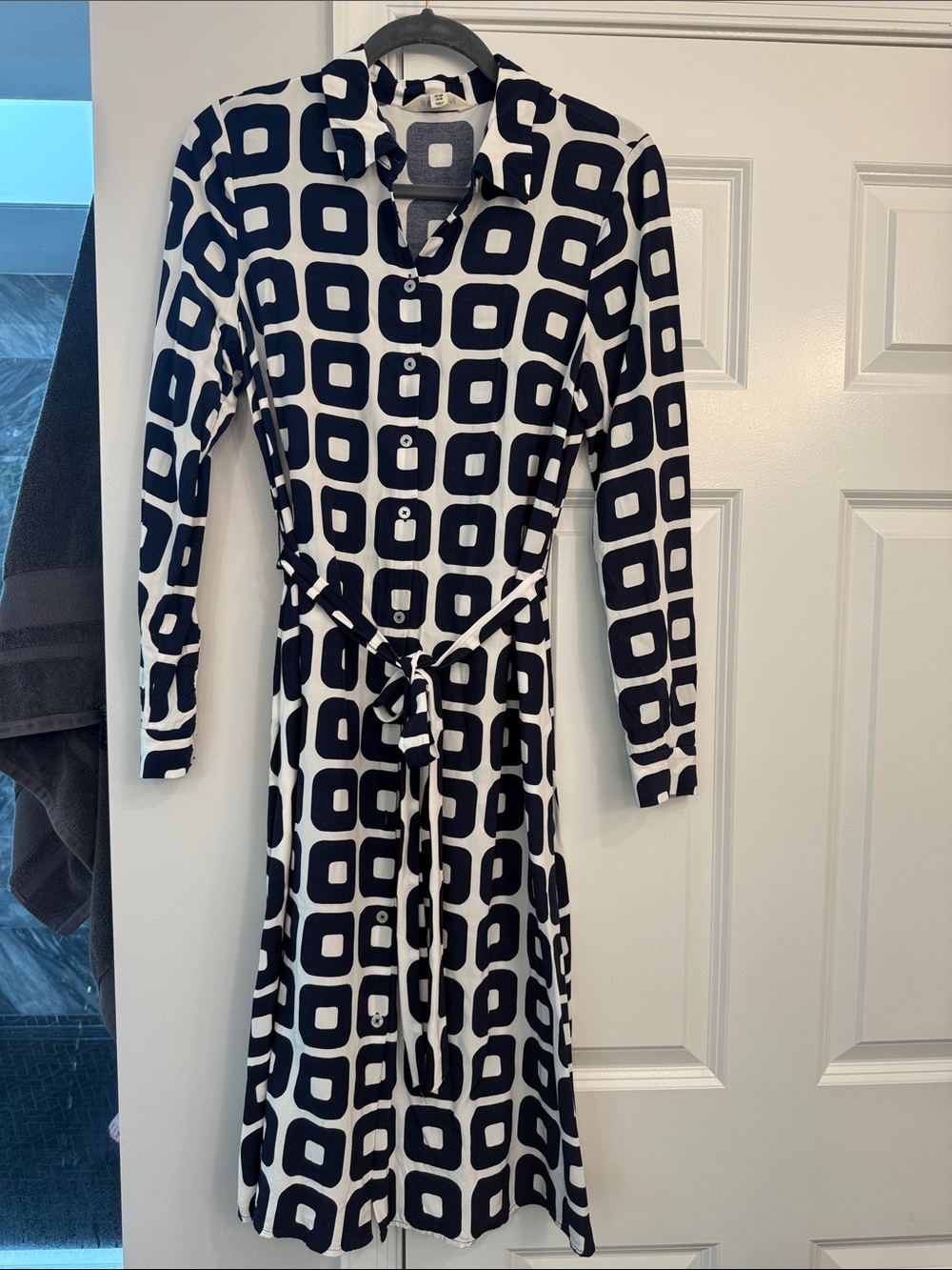 Boden Navy and White Geometric Long-Sleeve Shirt Dress
